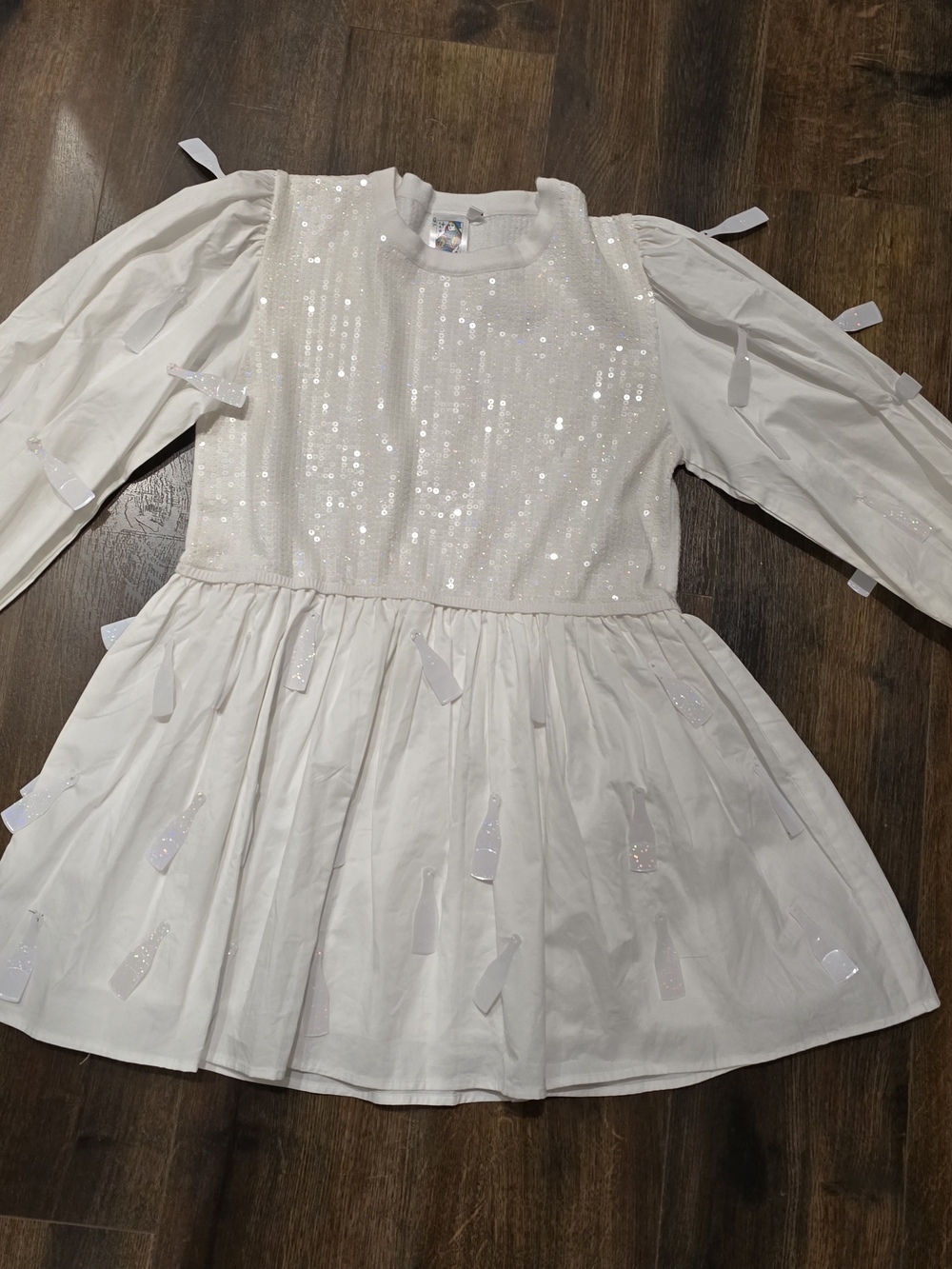 White Sequin & Ribbon Long Sleeve Dress
